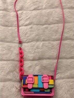 Colorful Rainbow Stripe Crossbody Bag with Pink Strap